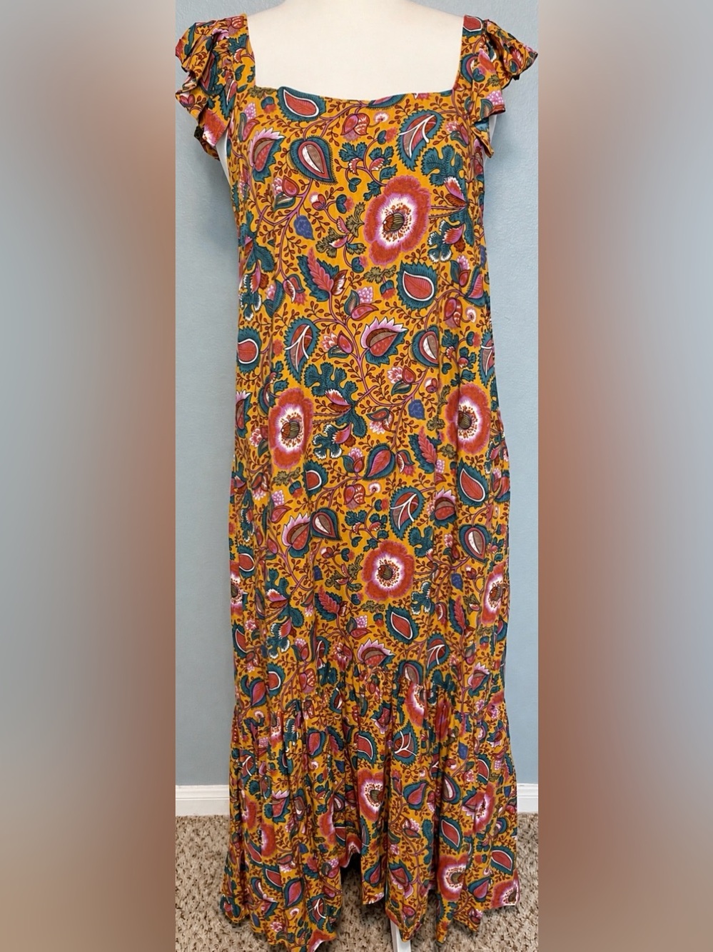 House of Harlow 1960 Jackie Maxi Dress XL Floral Mustard Prairie Cottagecore